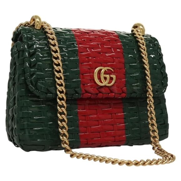GUCCI Chain Web Sherry Line Shoulder Bag Wicker Red Gold Green Auth EC823A - Picture 1 of 16